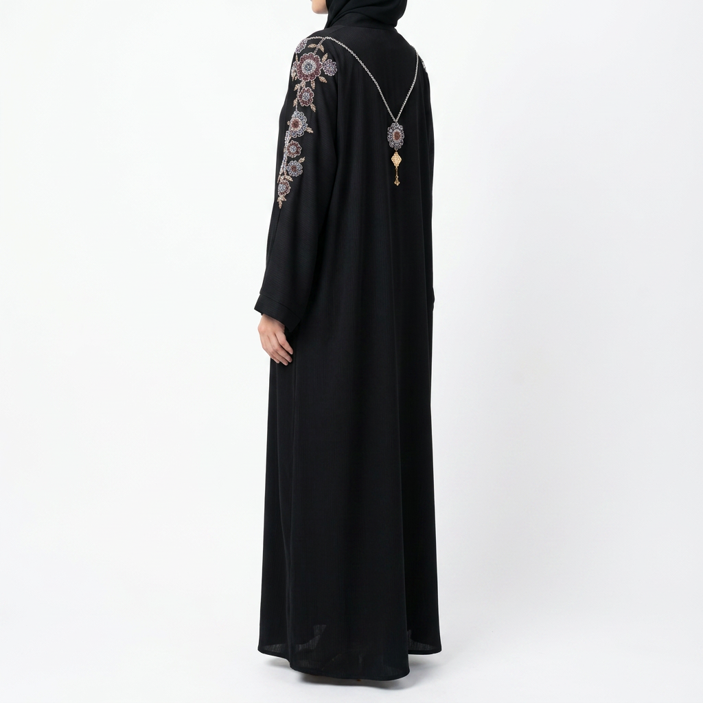 Black Mauve Gold Floral Medallion Sleeve Abaya