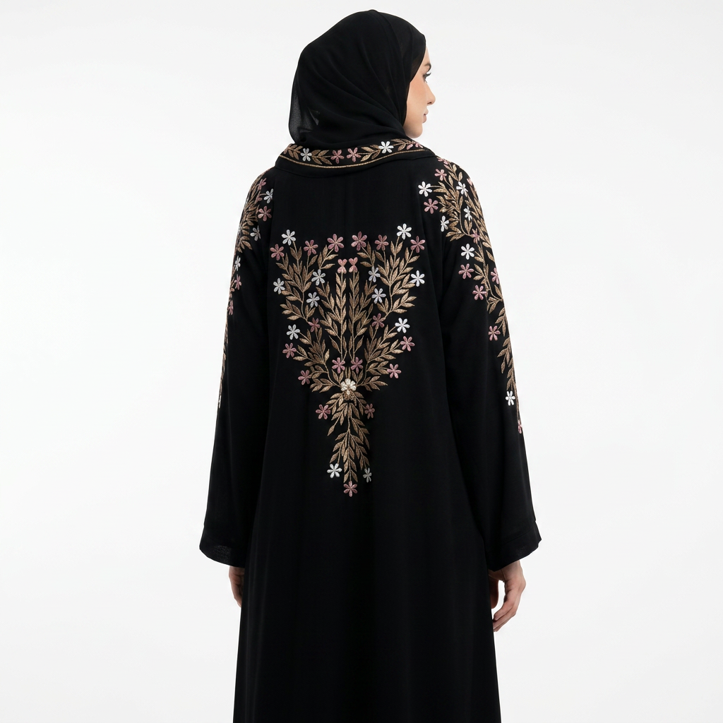 Black Gold Cream Pink Multi Floral Tree Embroidered Back Abaya