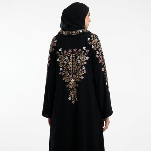 Black Gold Cream Pink Multi Floral Tree Embroidered Back Abaya