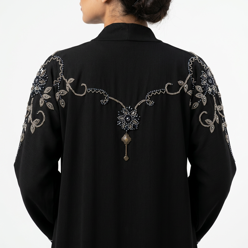 Black Silver Gold Crystal Zigzag Shoulder Abaya