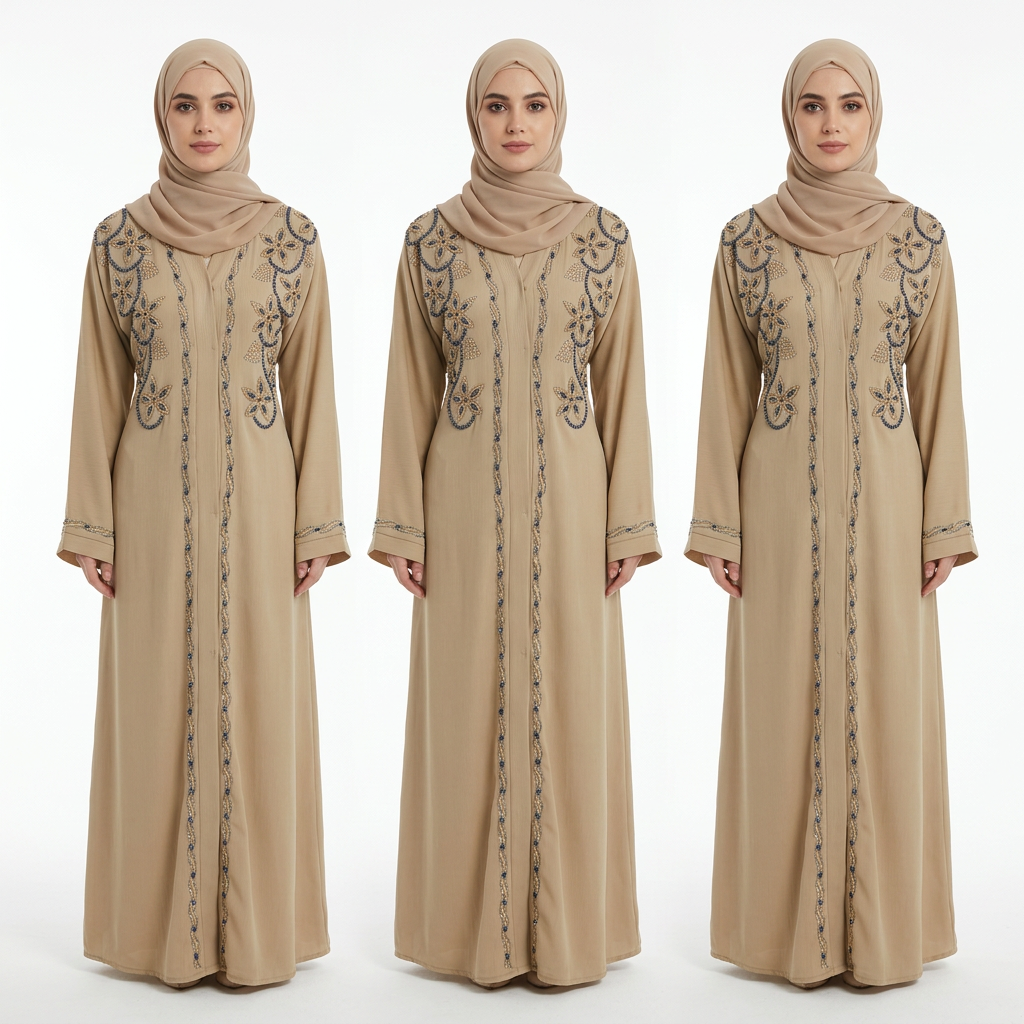 Camel Gold Navy Crystal Floral Vine Beaded Open Abaya