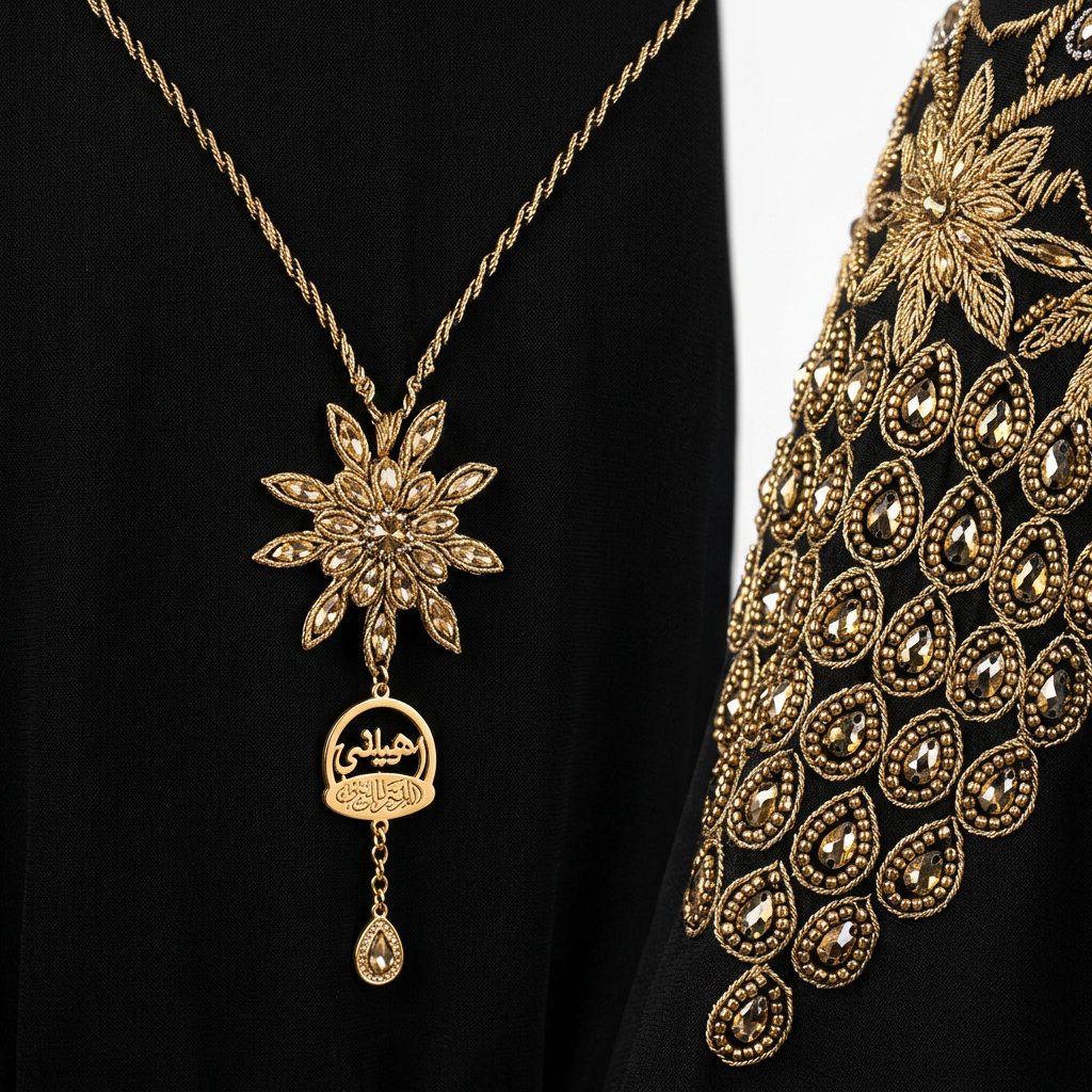 Black Gold Crystal Floral Embroidered Abaya with Back Necklace Detail