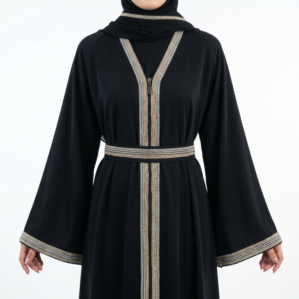 Black Gold Silver Crystal Stripe Trim Zip Front Abaya with Rhinestone Belt