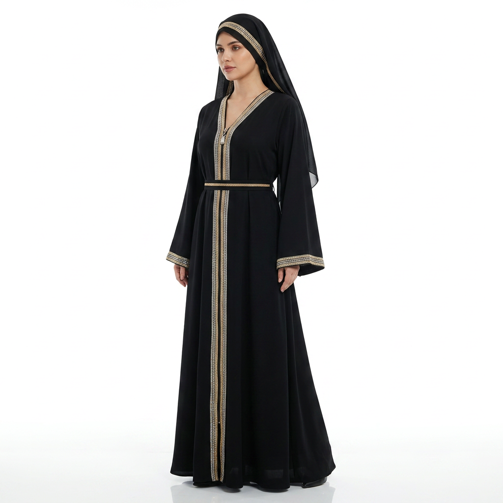 Black Gold Silver Crystal Stripe Trim Zip Front Abaya with Rhinestone Belt