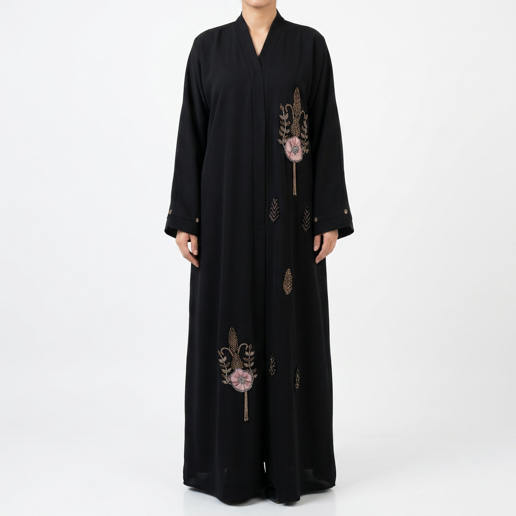 Black Gold Pink Poppy Scattered Abaya