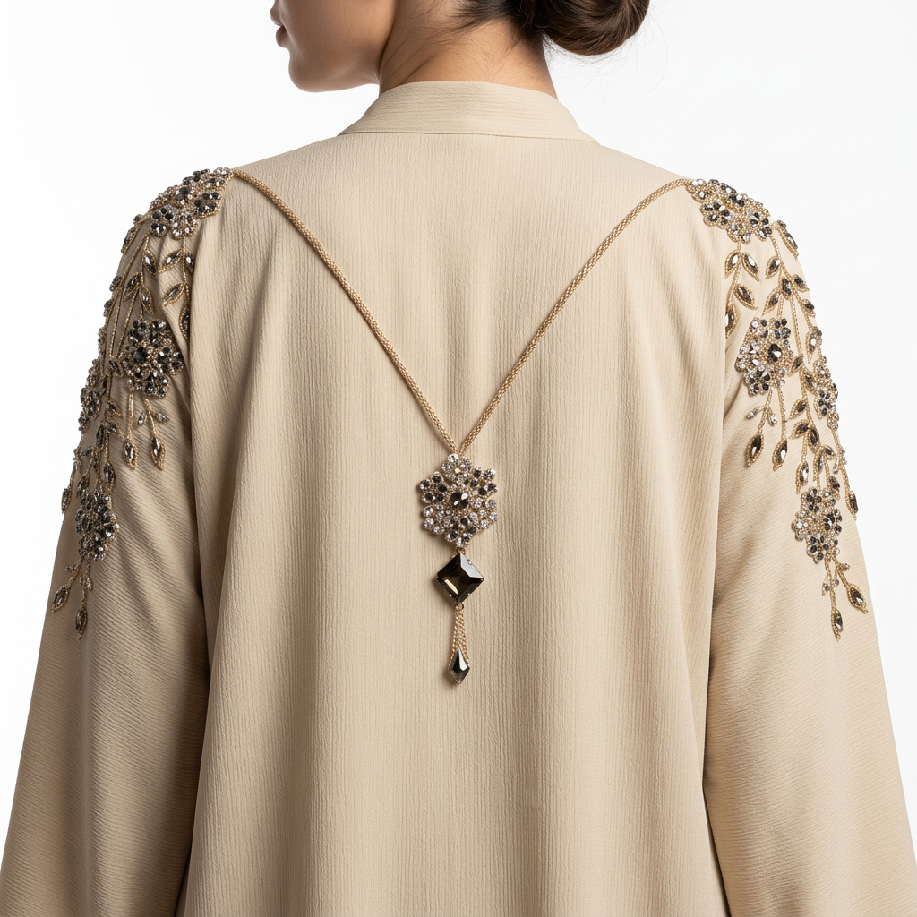 Cream Gold Black Crystal Cascade Shoulder Vine Abaya
