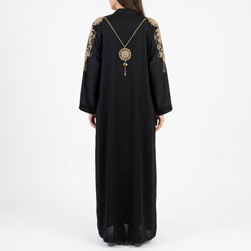 Black Gold Crystal Round Medallion Fringe Shoulder Abaya