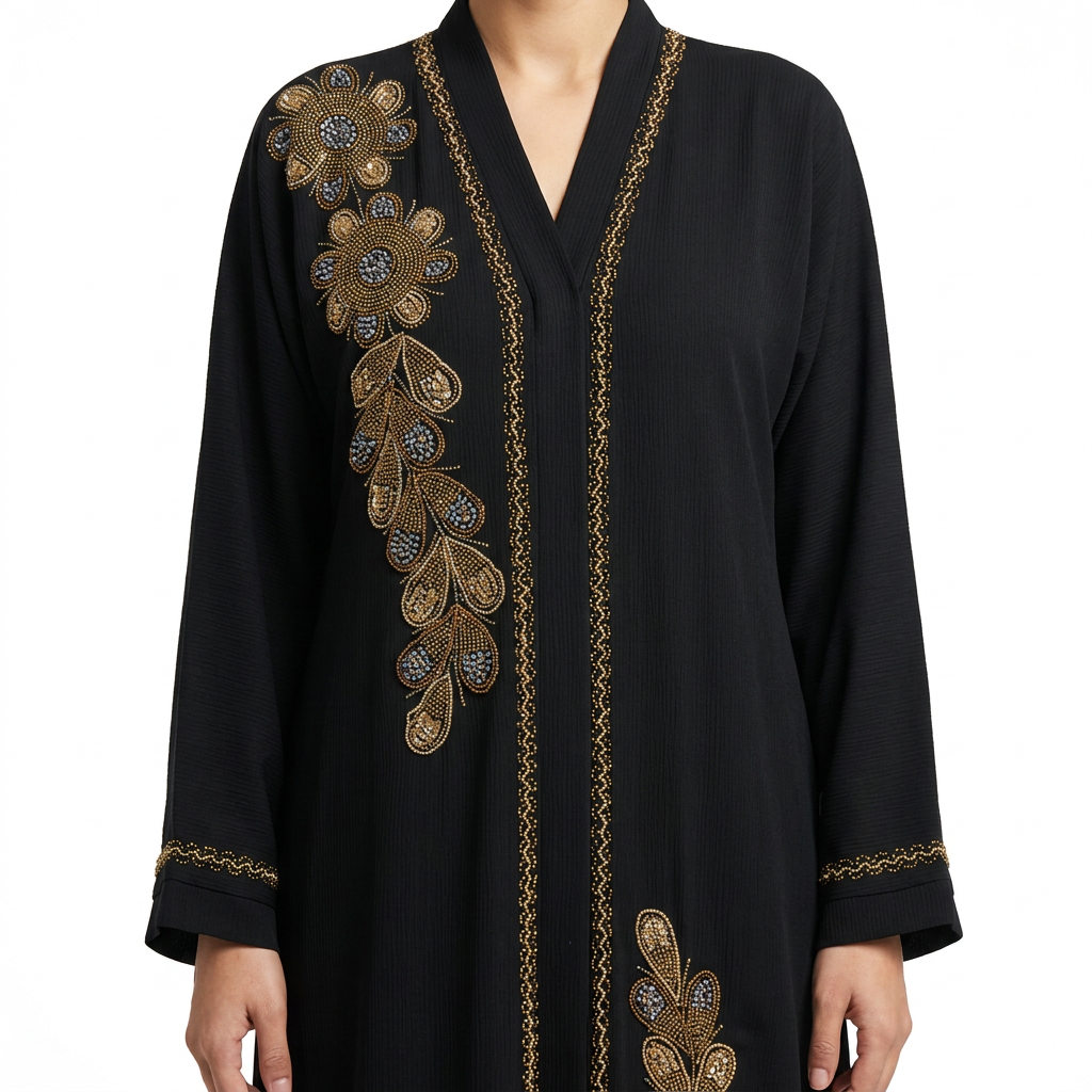 Black Gold Cascade Leaf Front Abaya