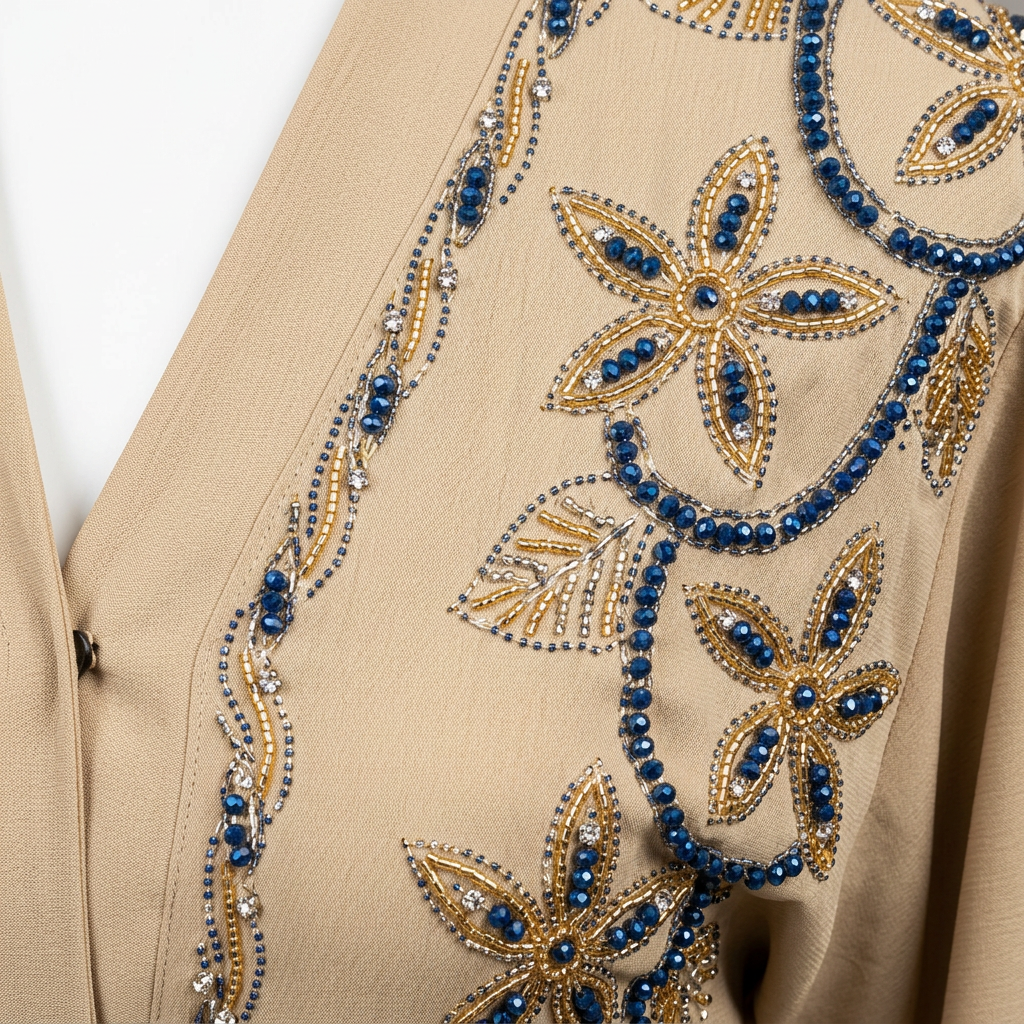 Camel Gold Navy Crystal Floral Vine Beaded Open Abaya