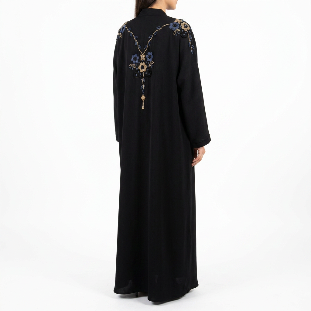 Black Gold Blue Triple Floral Bouquet Shoulder Abaya