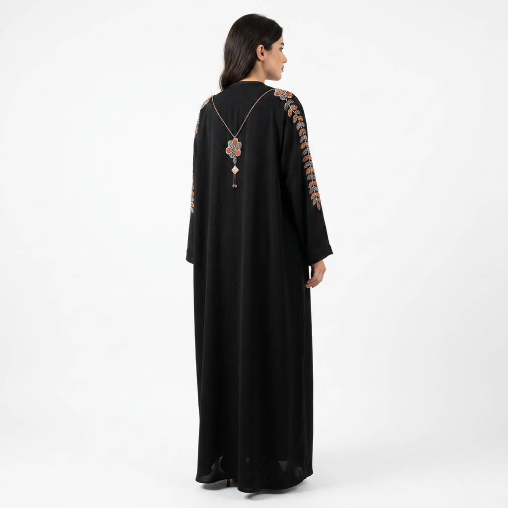 Black Orange Silver Floral Pendant Sleeve Abaya