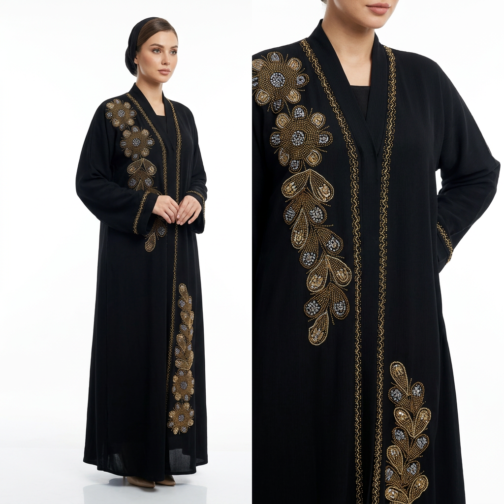 Black Gold Cascade Leaf Front Abaya