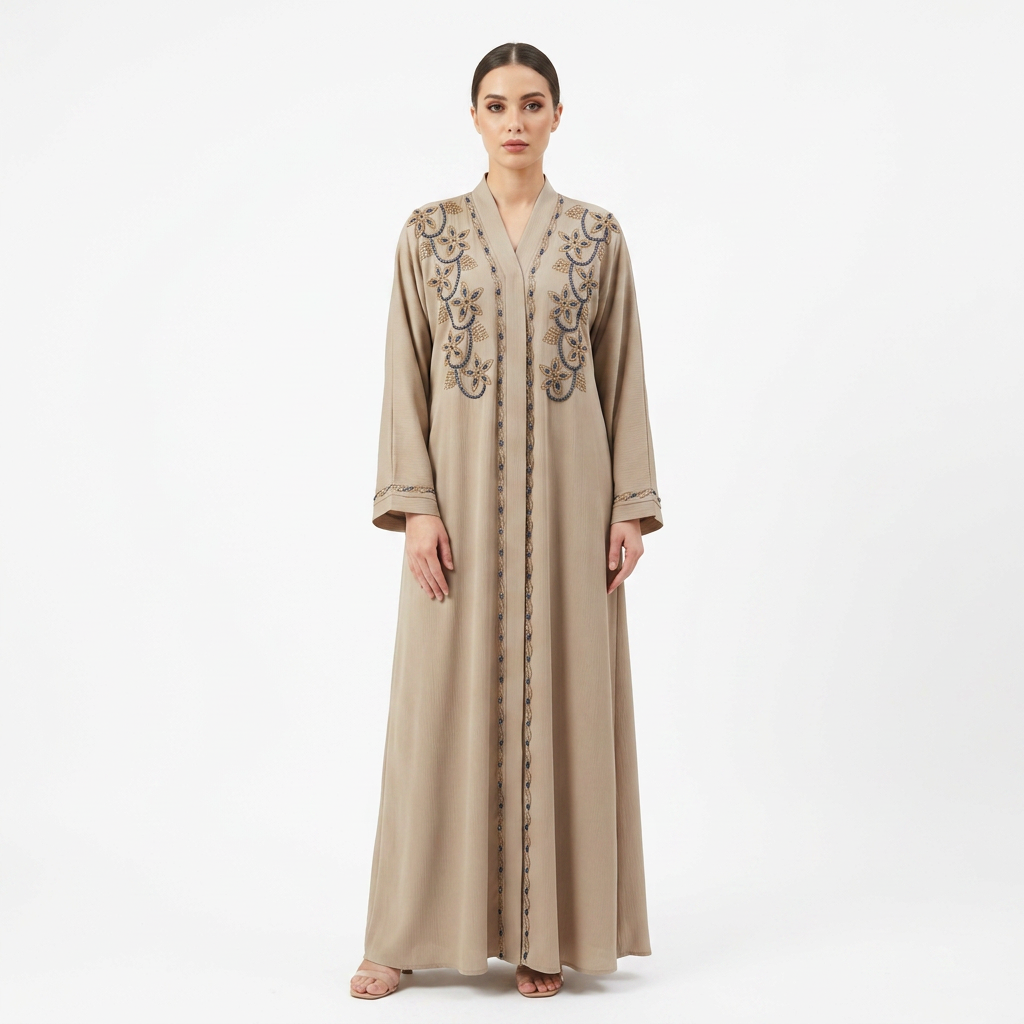 Beige Gold Blue Floral Vine Abaya