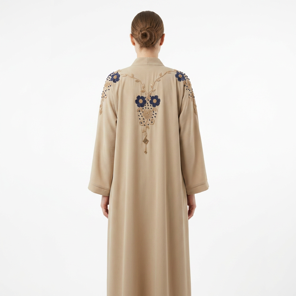 Beige Gold Blue Double Daisy Shoulder Abaya