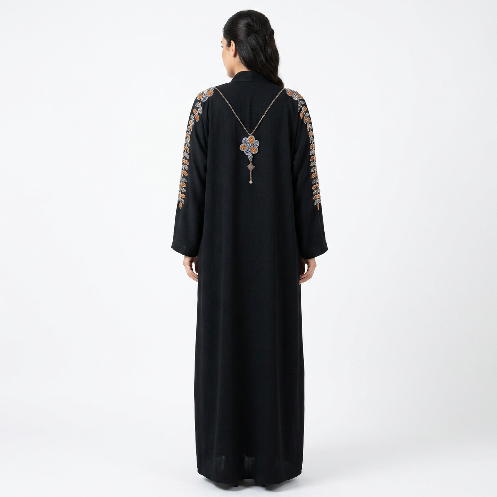 Black Orange Silver Floral Pendant Sleeve Abaya