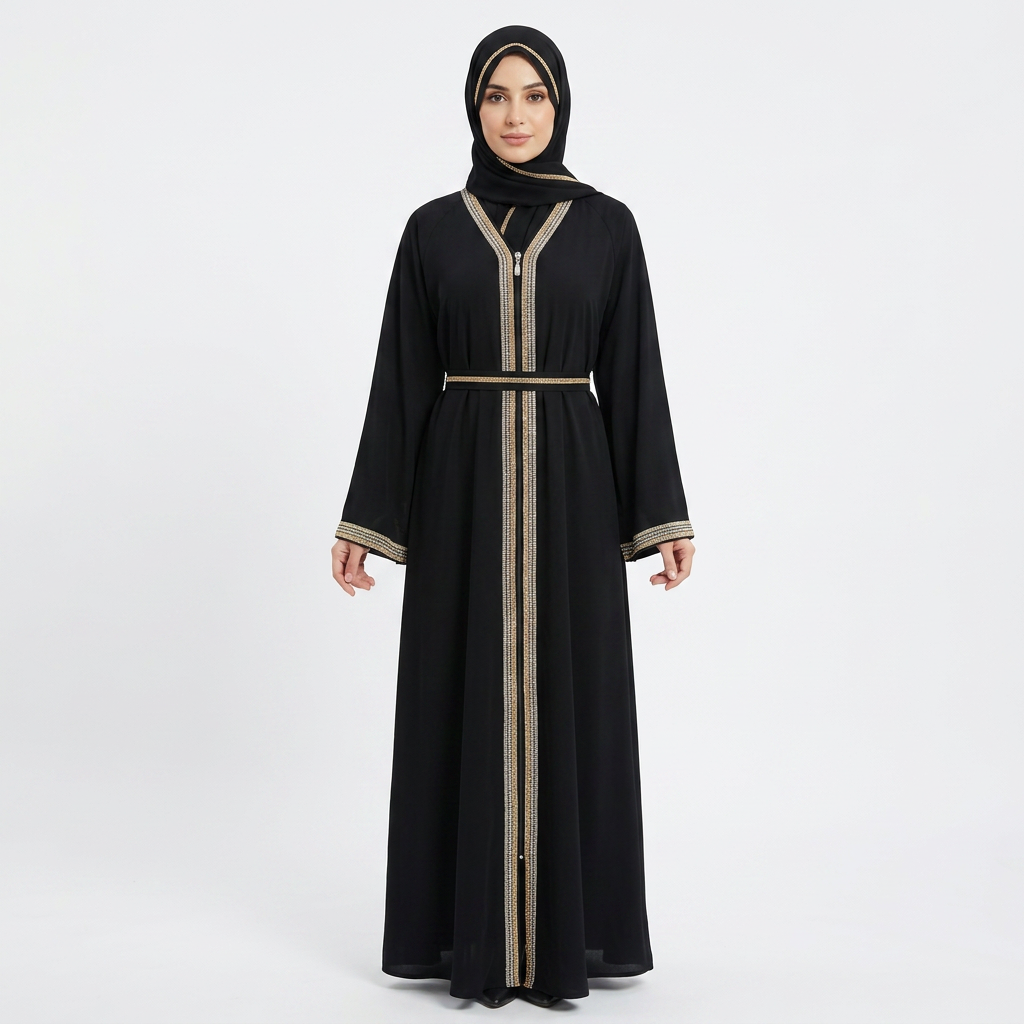 Black Gold Silver Crystal Stripe Trim Zip Front Abaya with Rhinestone Belt