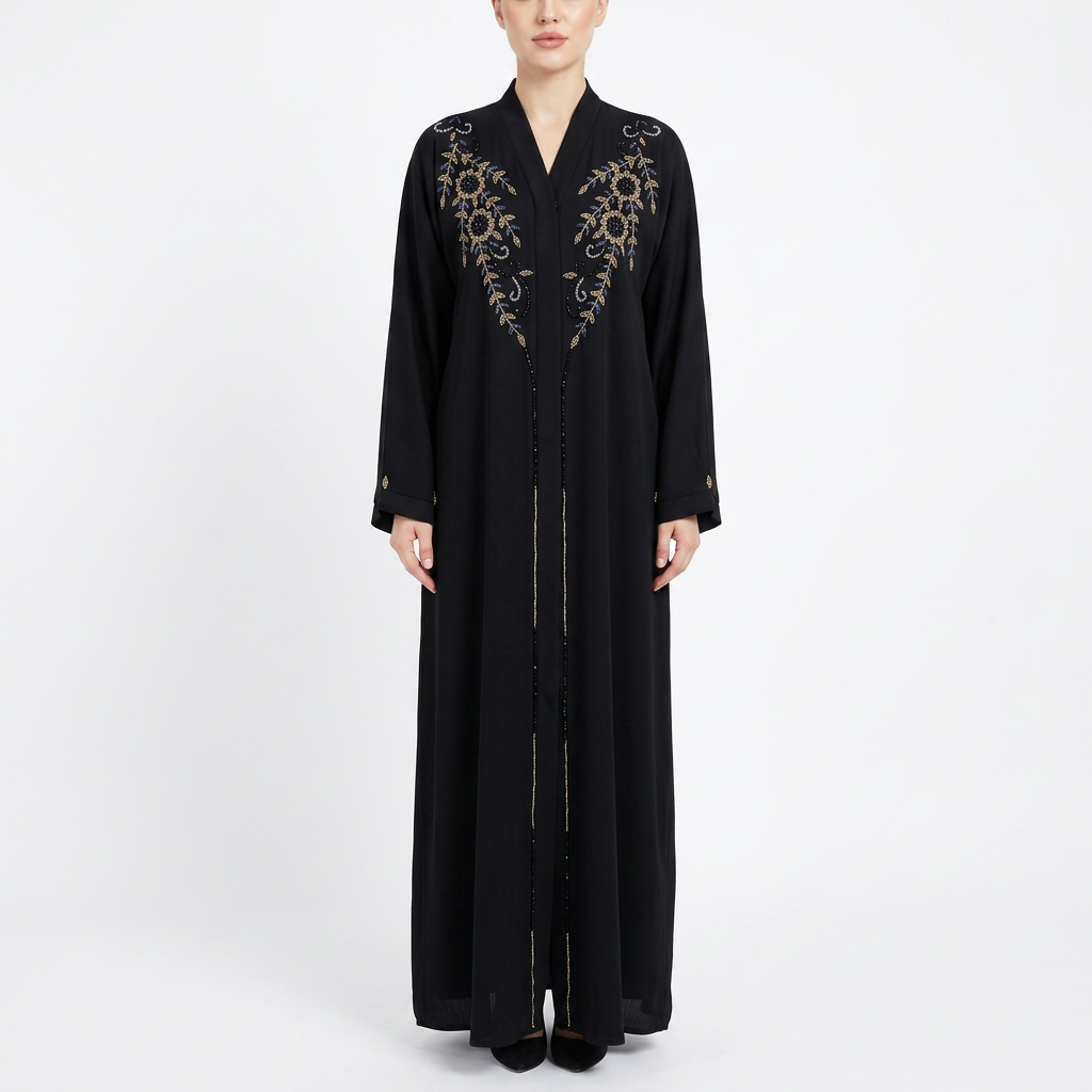 Black Gold Sunflower Vine Front Abaya
