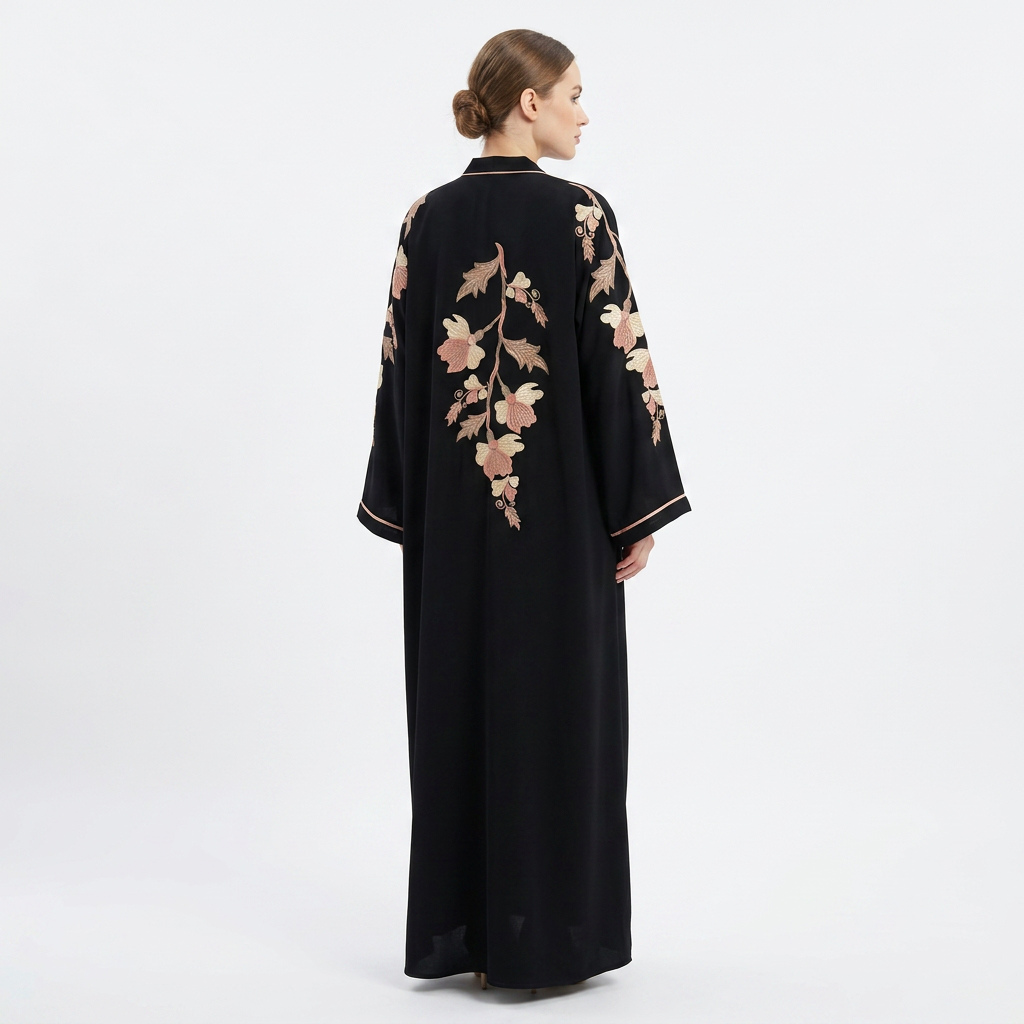 Black Cream Pink Botanical Large Floral Back Cascade Abaya