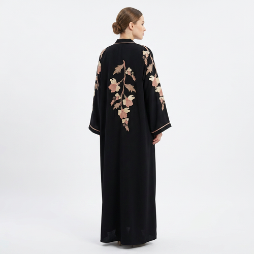 Black Cream Pink Botanical Large Floral Back Cascade Abaya