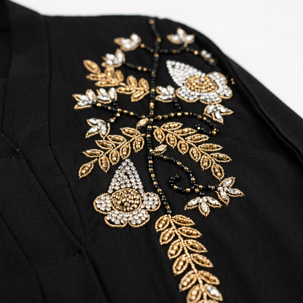 Black Gold Pearl Flower Tassel Abaya