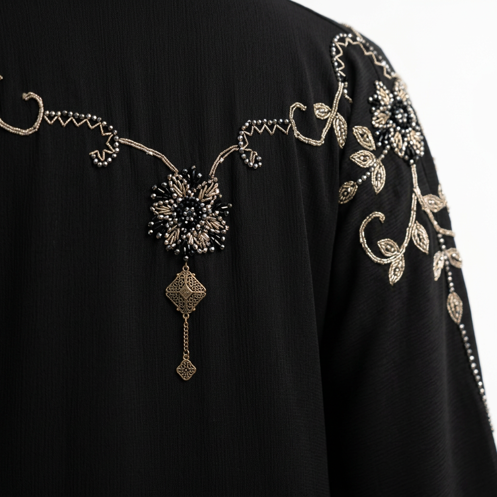 Black Silver Gold Crystal Zigzag Shoulder Abaya