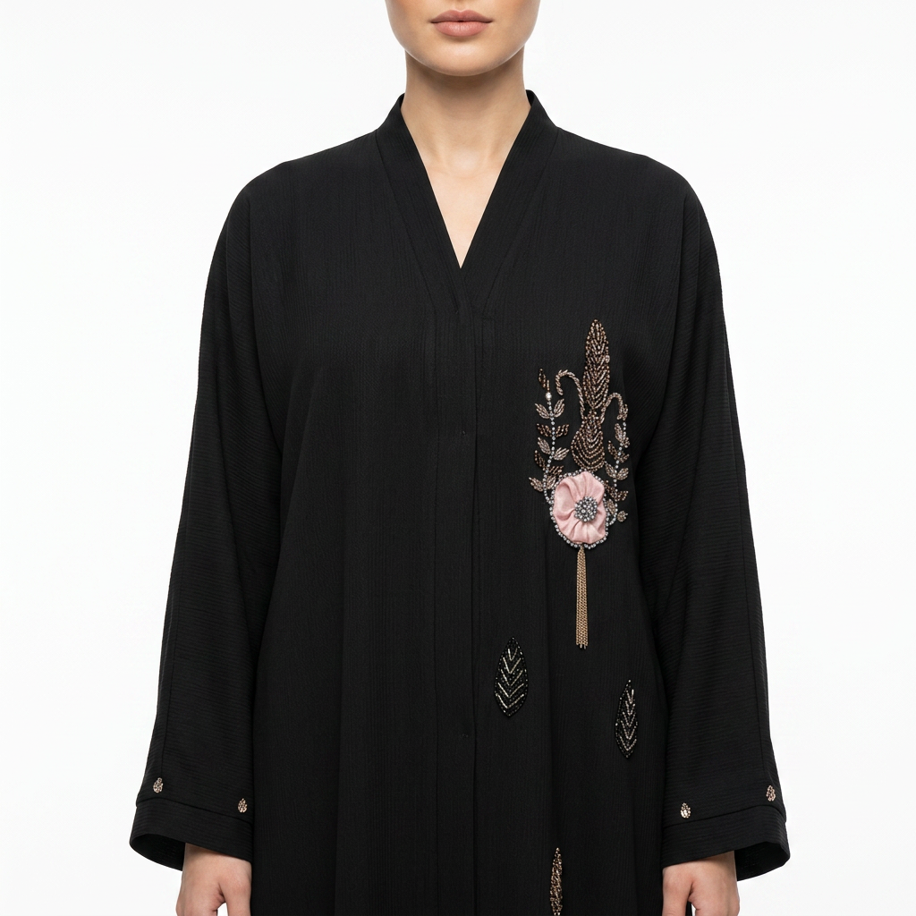 Black Gold Pink Poppy Scattered Abaya