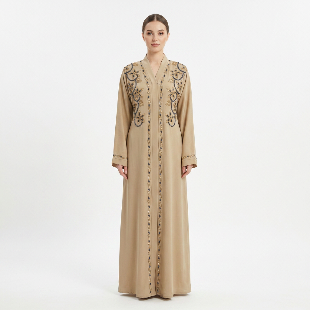 Camel Gold Navy Crystal Floral Vine Beaded Open Abaya