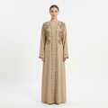 Camel Gold Navy Crystal Floral Vine Beaded Open Abaya