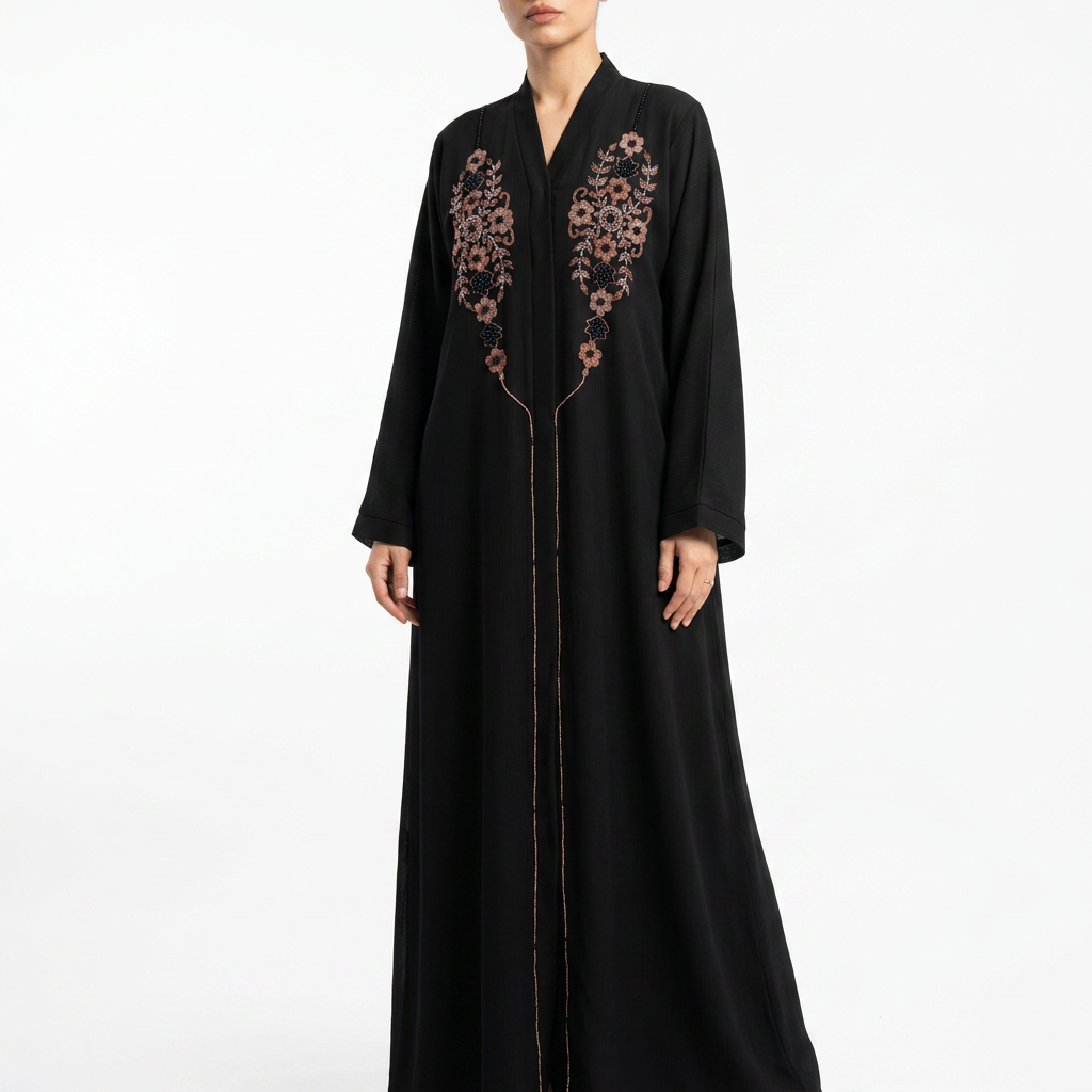 Black Rose Gold Floral Cascade Abaya