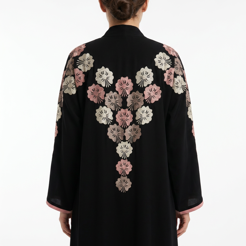 Black Gold Cream Pink Fan Petal Cluster Shoulder Abaya