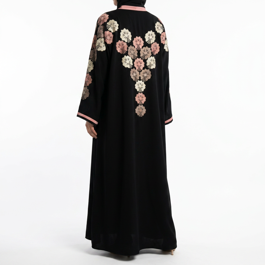 Black Gold Cream Pink Fan Petal Cluster Shoulder Abaya