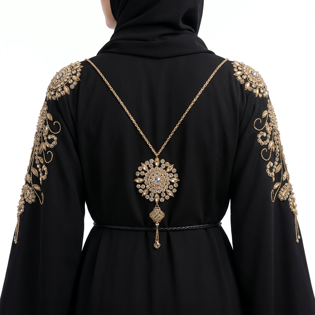 Black Gold Crystal Shoulder Embroidered Abaya with Back Medallion Chain Necklace