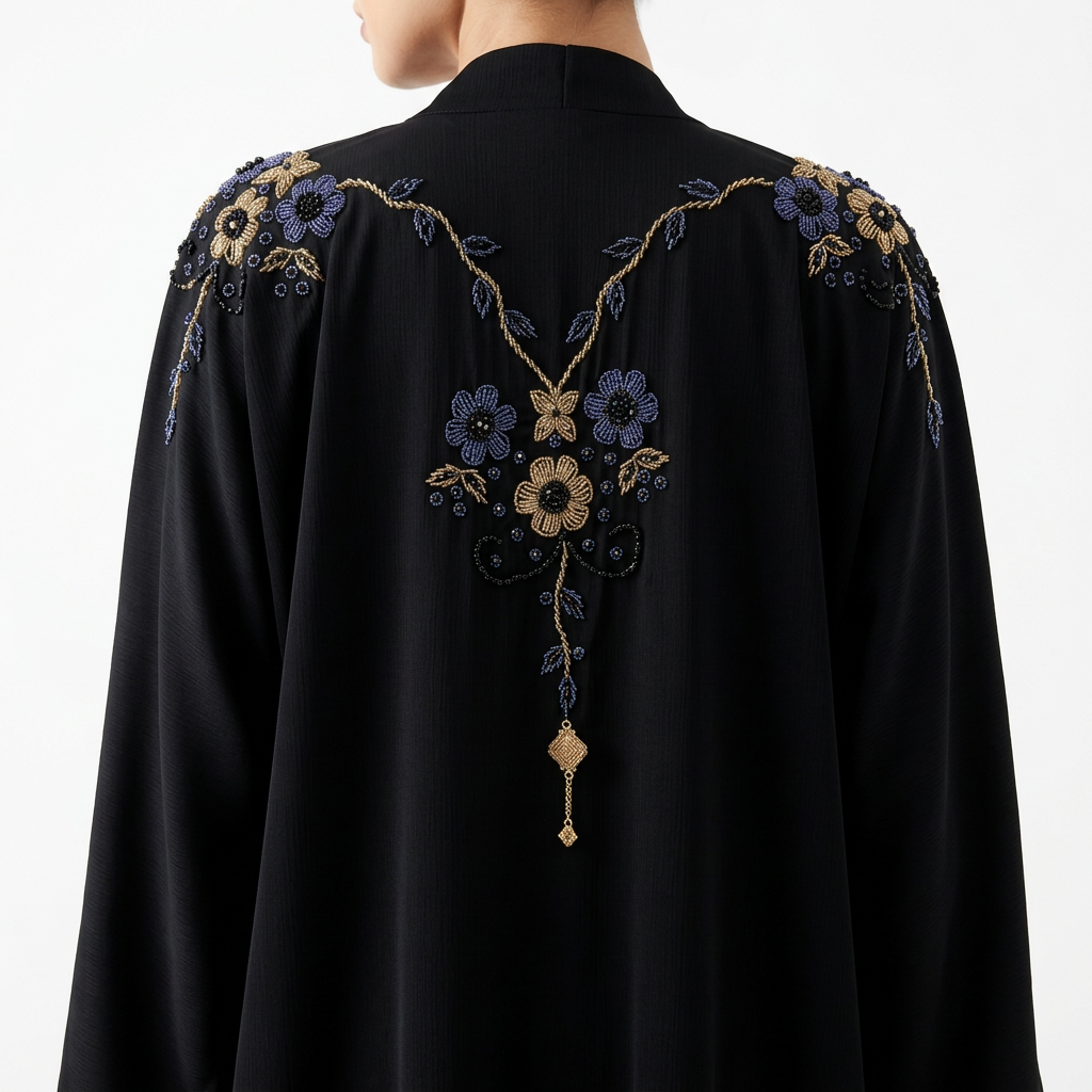Black Gold Blue Triple Floral Bouquet Shoulder Abaya