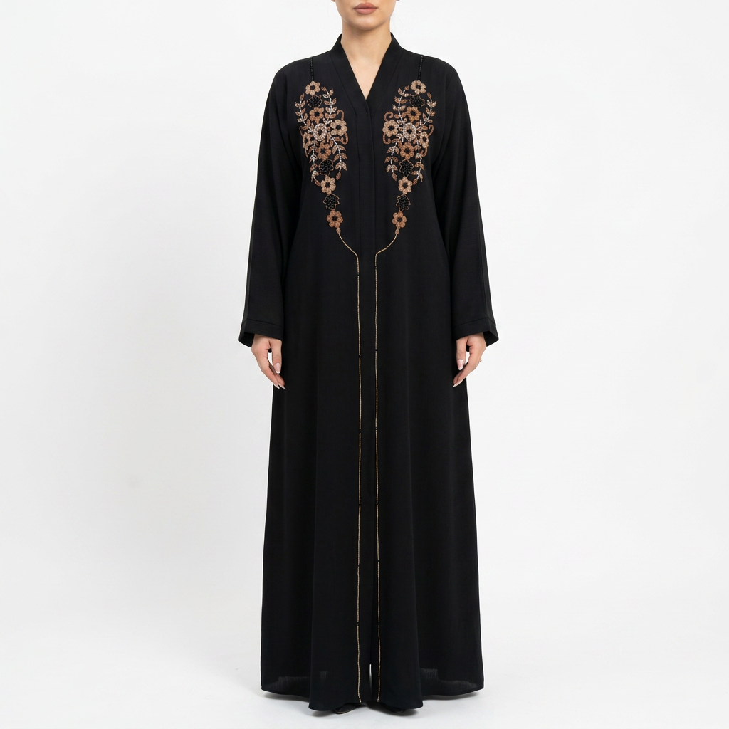 Black Rose Gold Floral Cascade Abaya