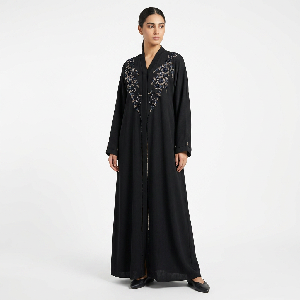 Black Gold Sunflower Vine Front Abaya