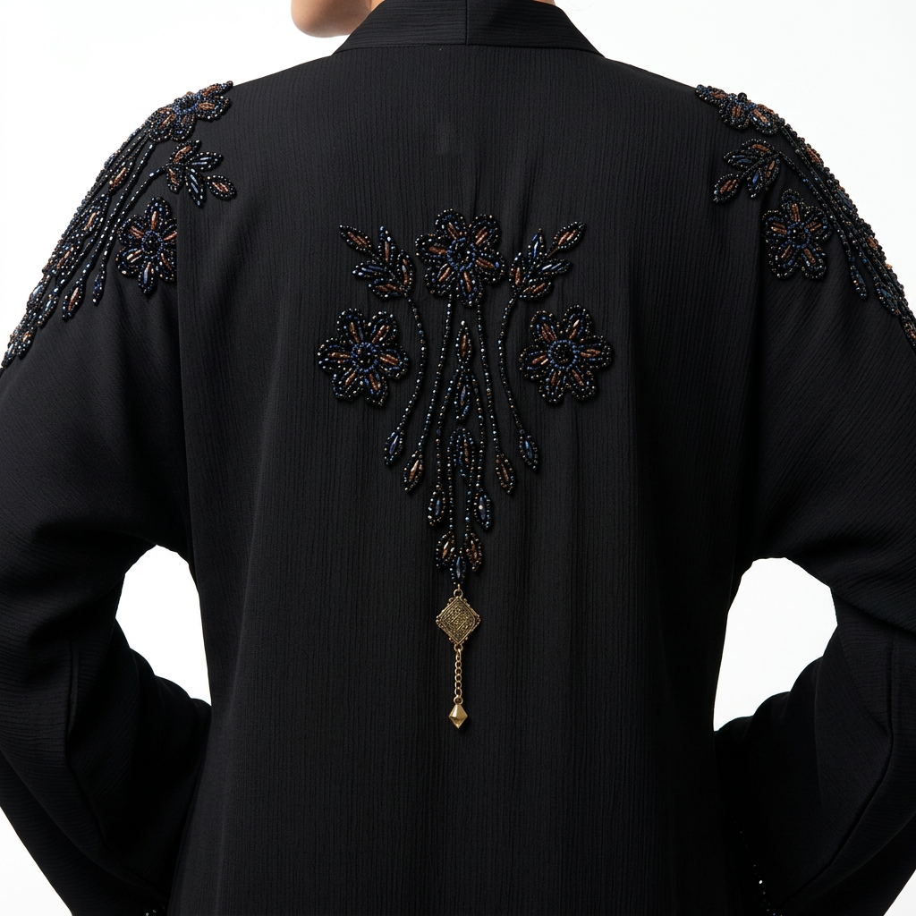 Black Blue Tonal Floral Shoulder Pendant Abaya