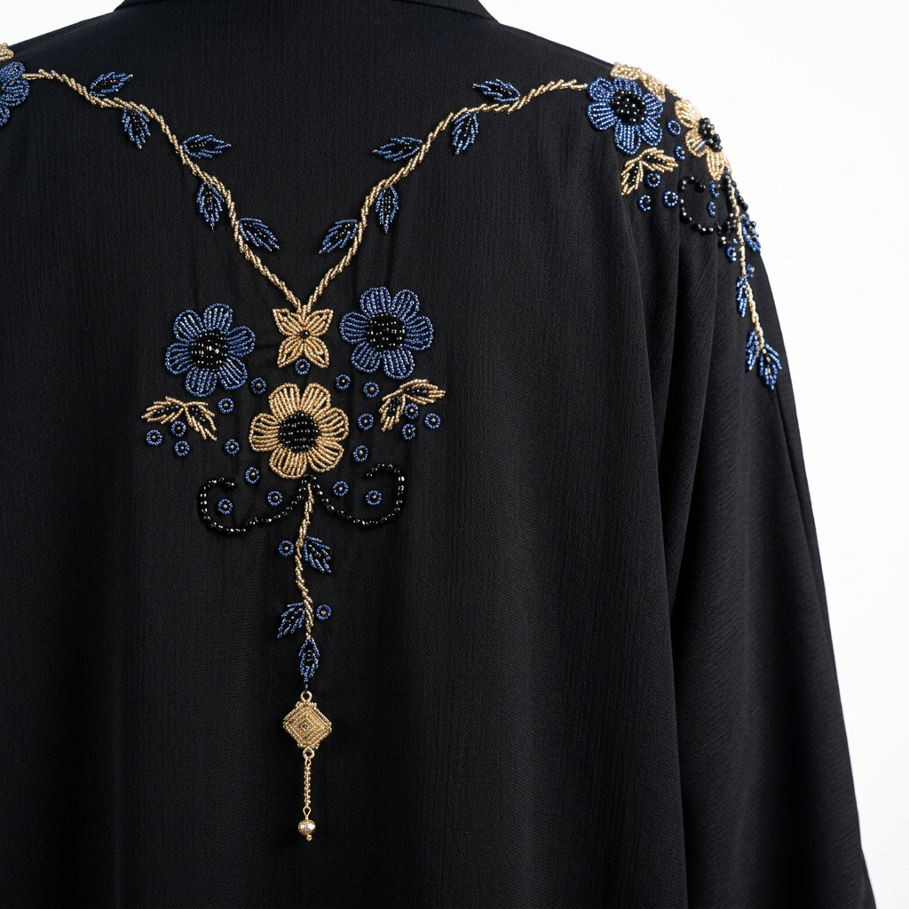 Black Gold Blue Triple Floral Bouquet Shoulder Abaya