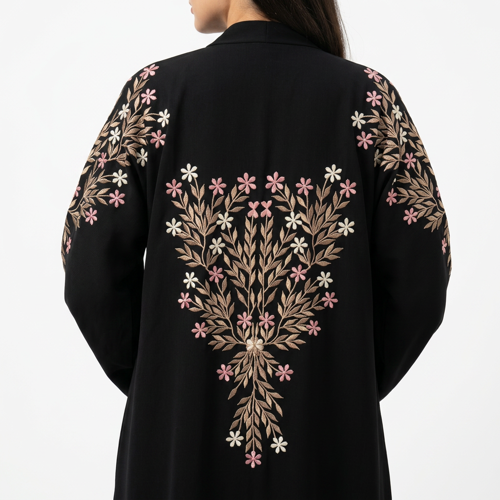 Black Gold Cream Pink Multi Floral Tree Embroidered Back Abaya