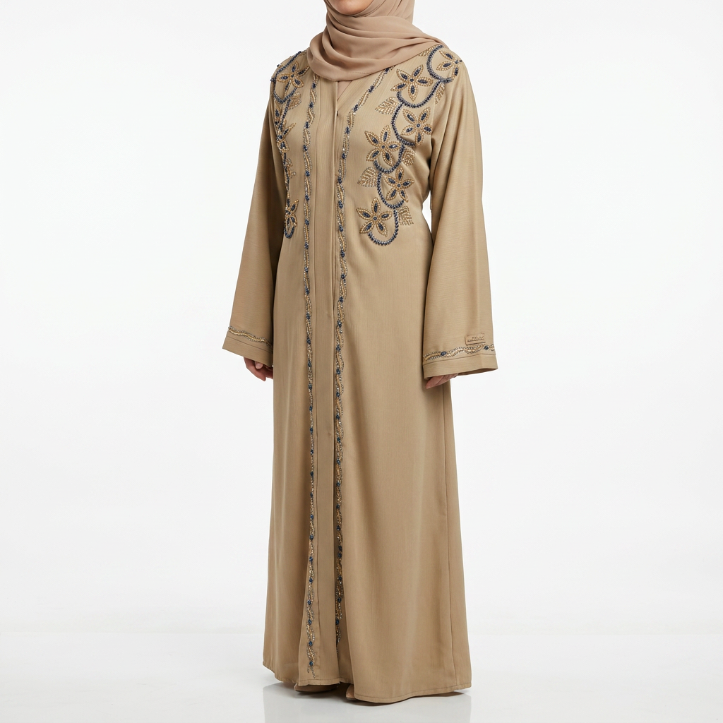 Camel Gold Navy Crystal Floral Vine Beaded Open Abaya