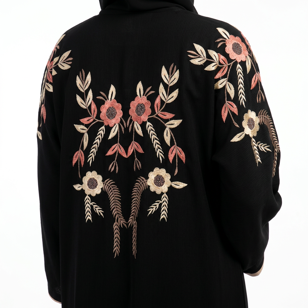 Black Cream Pink Floral Embroidered Back Shoulder Abaya