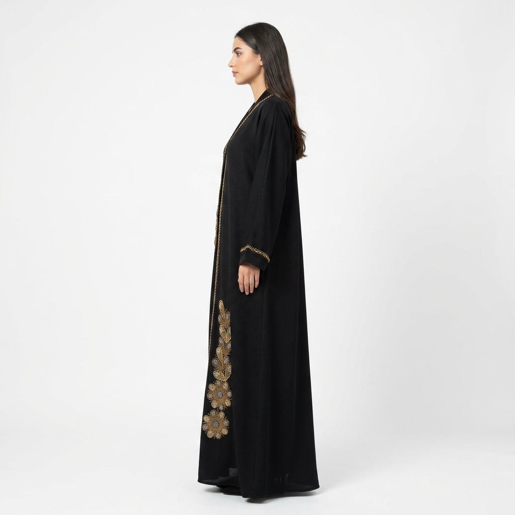 Black Gold Cascade Leaf Front Abaya