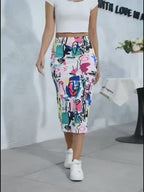Elegant Graffiti Print Hip Skirt, Spring And Summer Casual Slim Skirt, Women'S Clothing