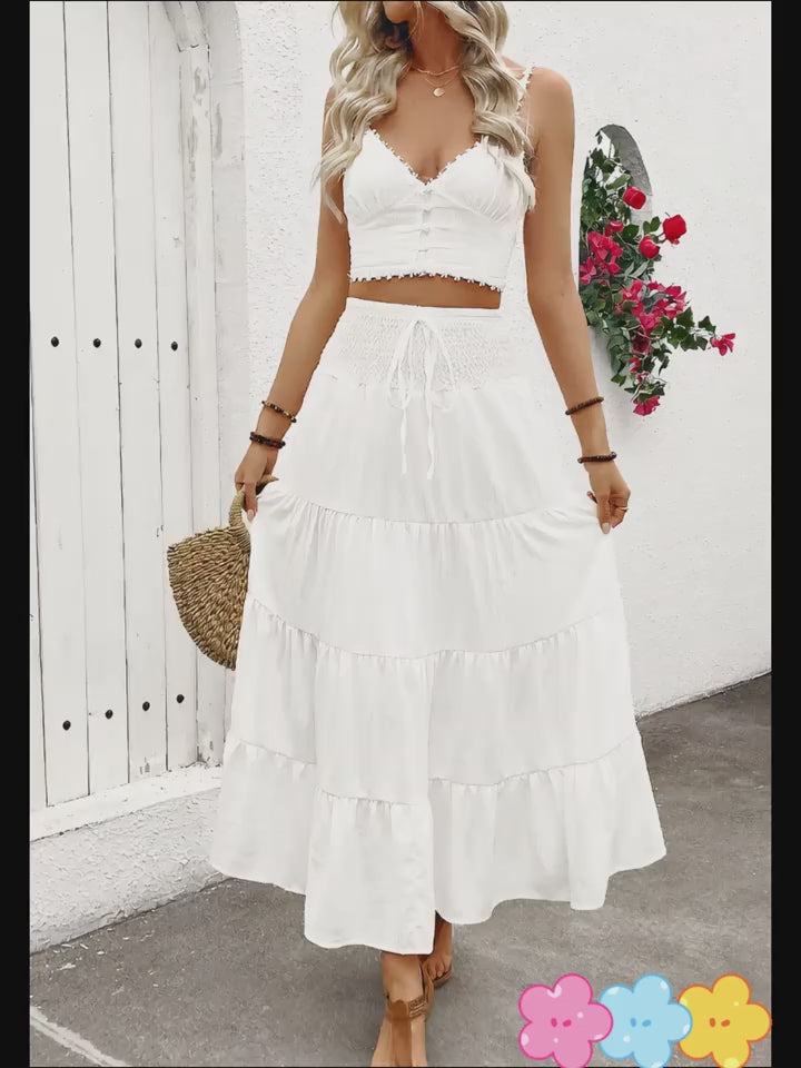 Women's elastic high-waisted ruffle A-line long skirt with drawstring design in Bohemian style.