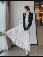 Fashionable Multi-Layered Patchwork French Elegant Solid Color Long Dress Elastic Waist A-Line Design with Lining Anti-Exposure Skirt Women'S