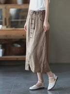 Women's Workwear A-Line Skirt with Elastic Waist, Mid-Length Solid Color Slit Skirt (Belt and Drawstring Not Included)