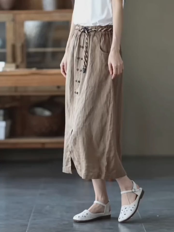 Women's Workwear A-Line Skirt with Elastic Waist, Mid-Length Solid Color Slit Skirt (Belt and Drawstring Not Included)
