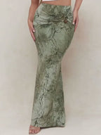 Elegant Marble Print Maxi Skirt with Metal Button Detail & Ruched Waist - Flared Hem Ultra-Long Length, Machine Washable for Spring Summer Fall, Cute Skirts, Seasonal Fashion, Nontransparent Fabric
