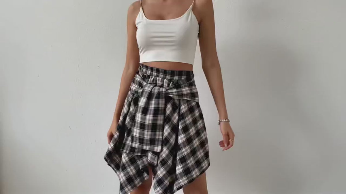 Checkered Print Casual High-Waisted Asymmetrical Hem Skirt