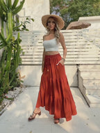 Pleated High-Waist Belt Pocket Long Skirt, A-Line Flowy Layered Beach Half Skirt