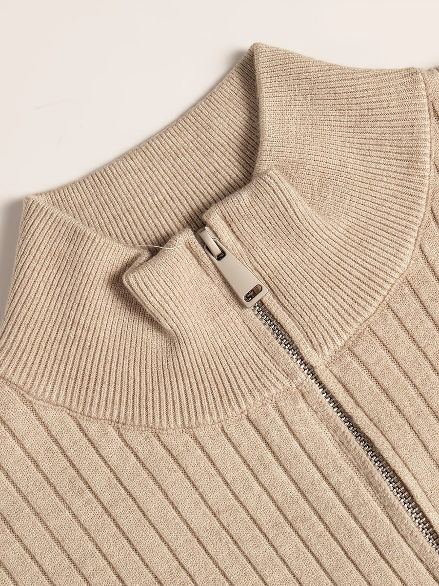 Autumn/Winter New Men's Stand Collar Zipper Design Fashionable Sweater, Knitted Versatile Stretchy Long-Sleeve Pullover with Small Rib Texture, for Home and Commuting, Vintage Men's Top - Apricot